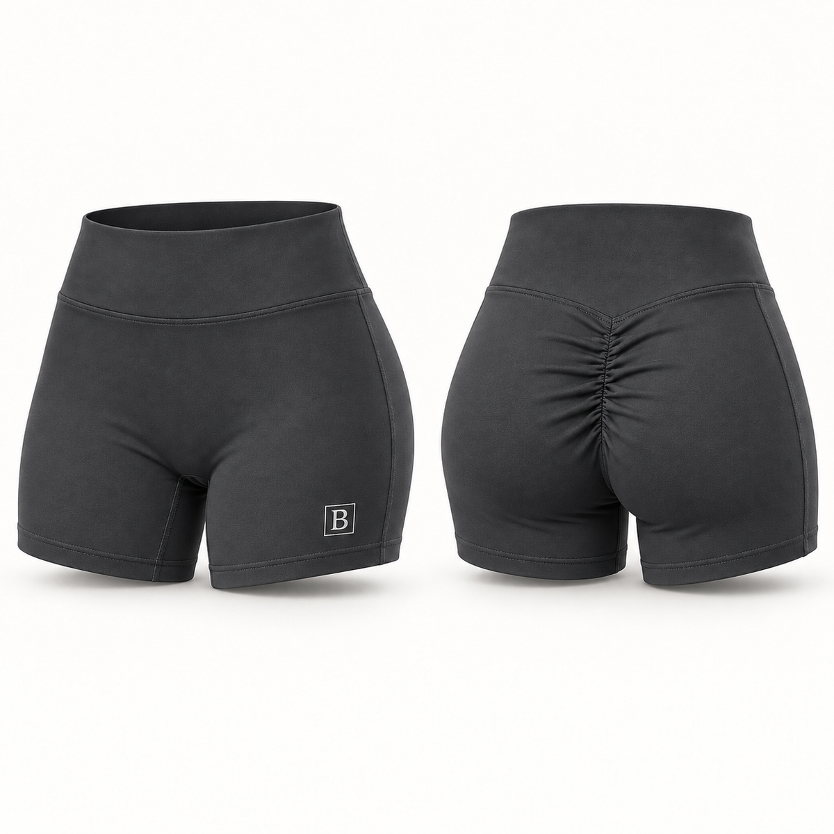 Biker short plomo oscuro BELLUM, vista 3D de frente y espalda