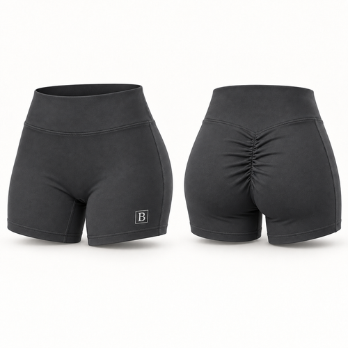 Biker short plomo oscuro BELLUM, vista 3D de frente y espalda