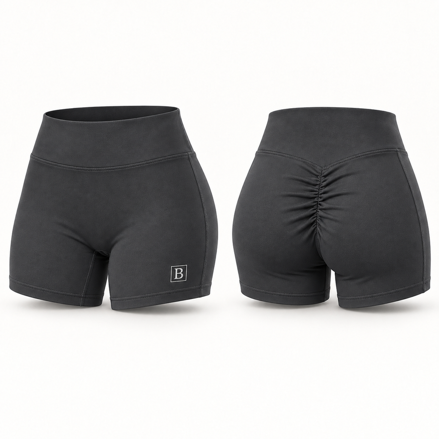 Biker short plomo oscuro BELLUM, vista 3D de frente y espalda