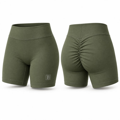 Biker short verde olivo BELLUM, vista 3D de frente y espalda