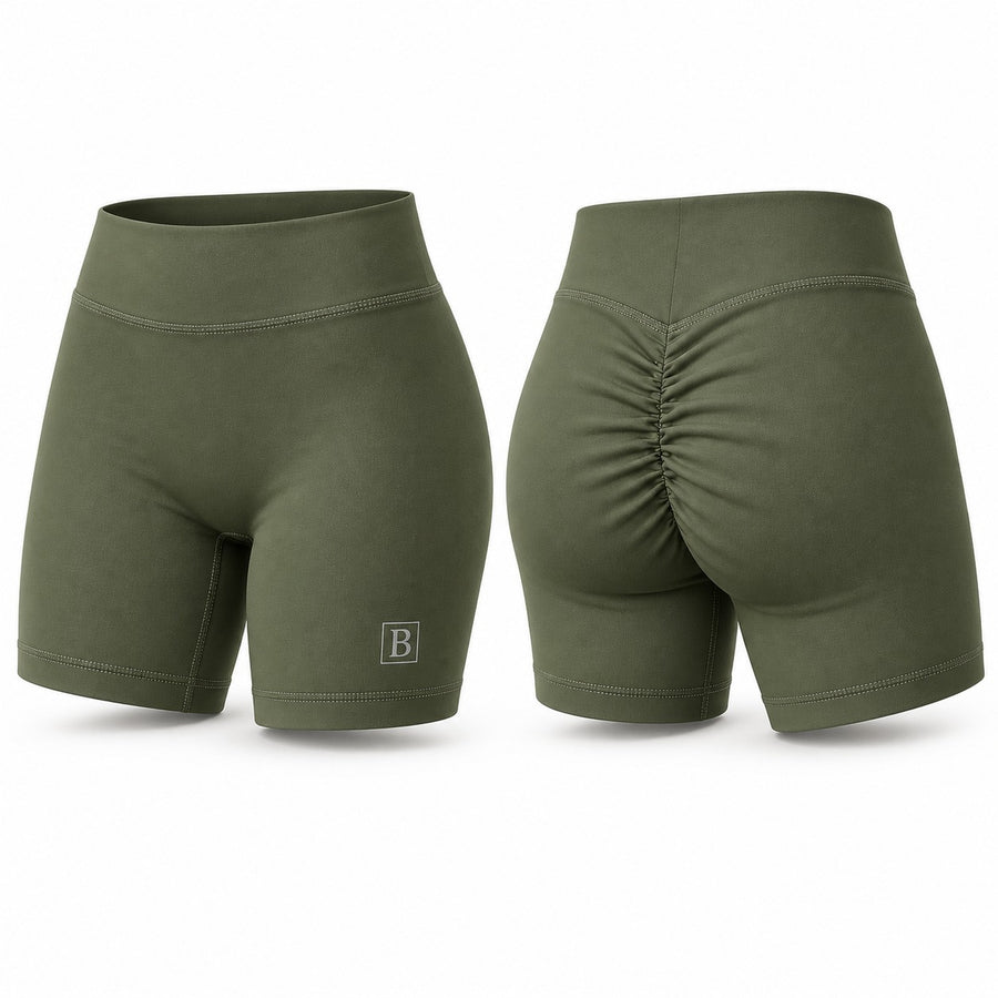 Biker short verde olivo BELLUM, vista 3D de frente y espalda