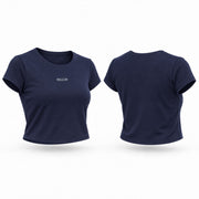Crop top azul BELLUM, vista 3D de frente y espalda