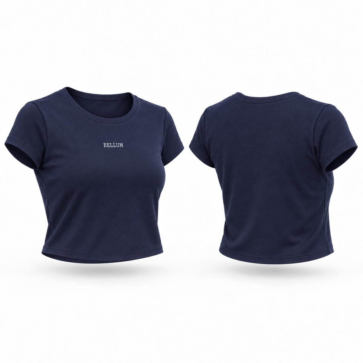 Crop top azul BELLUM, vista 3D de frente y espalda