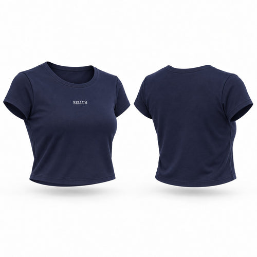 Crop top azul BELLUM, vista 3D de frente y espalda