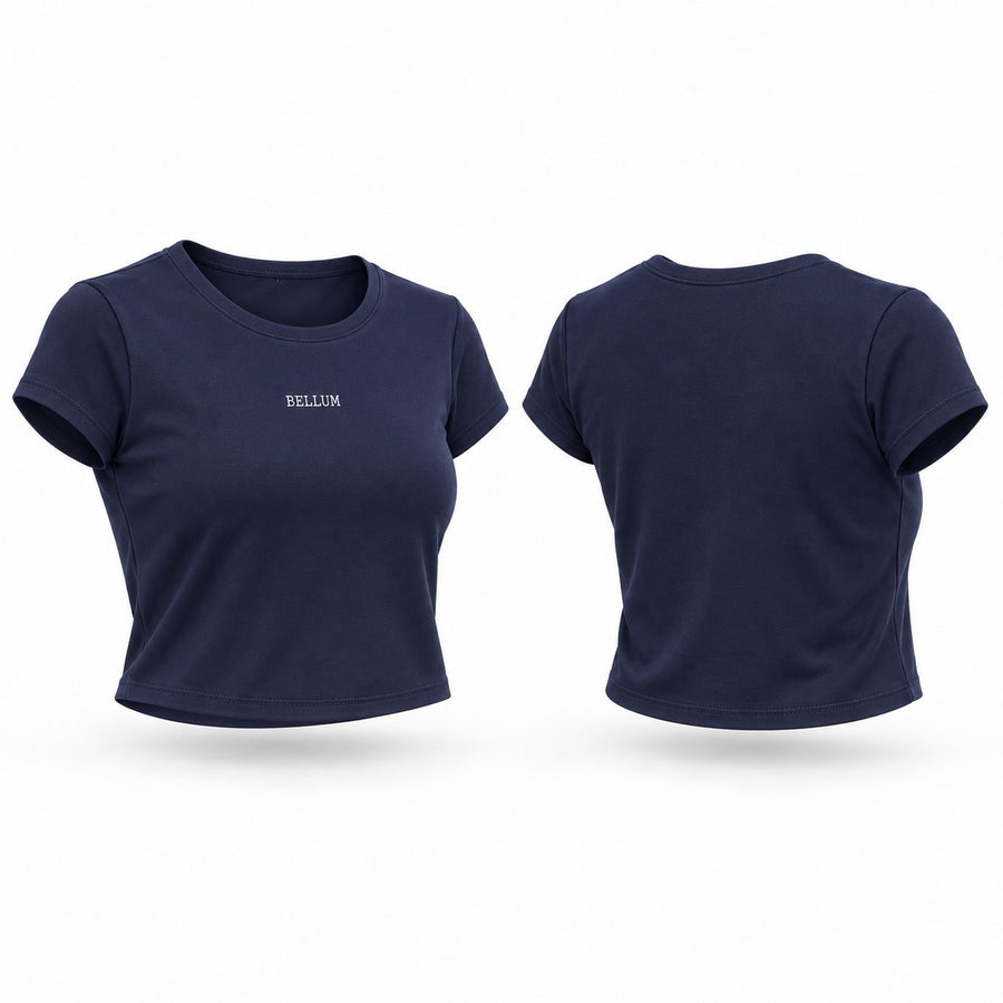 Crop top azul BELLUM, vista 3D de frente y espalda