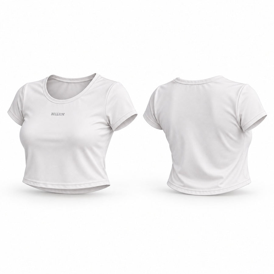 Crop top blanco BELLUM, vista 3D de frente y espalda