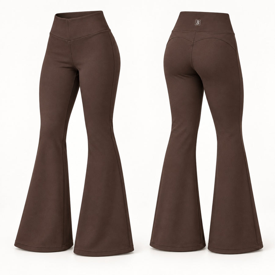 Pantalón sirena marrón mujer BELLUM, vista 3D de frente y espalda