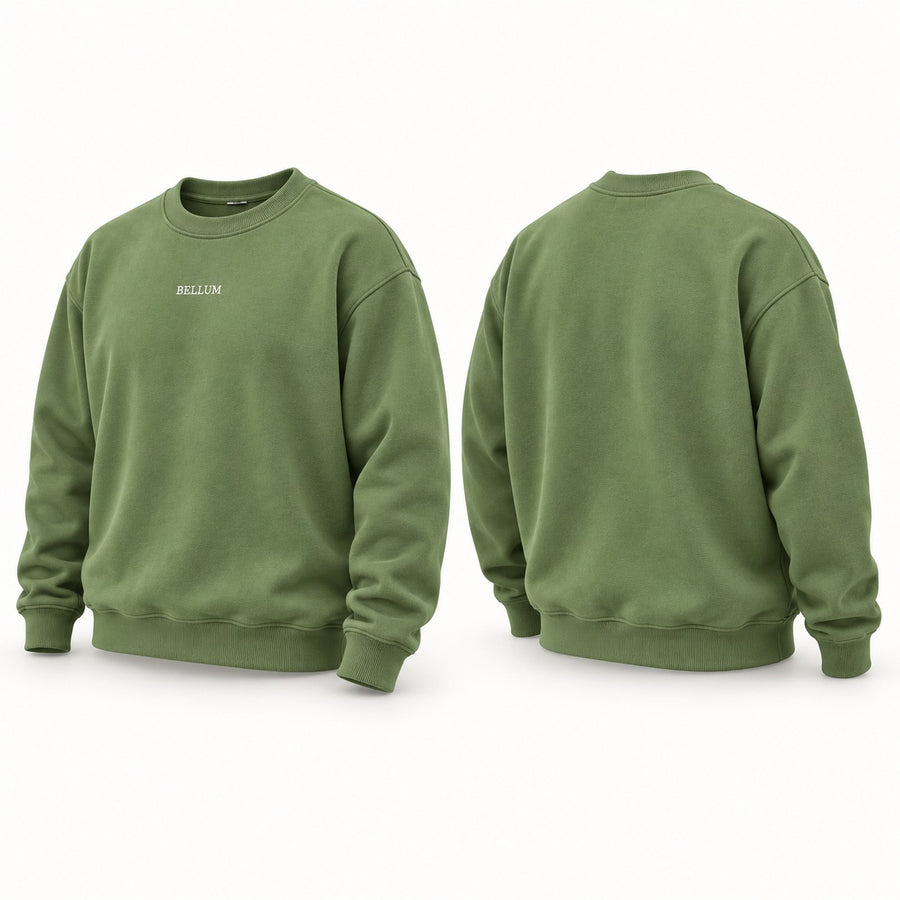 Polera verde olivo BELLUM, vista 3D de frente y espalda