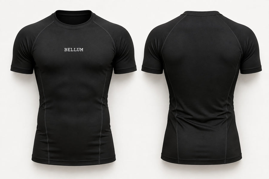 Polo compresor negro hombre BELLUM, vista 3D de frente y espalda