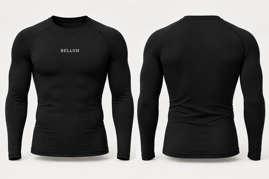 Polo manga larga negro hombre BELLUM, vista 3D de frente y espalda