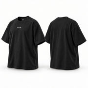 Polo negro oversize BELLUM, vista 3D de frente y espalda