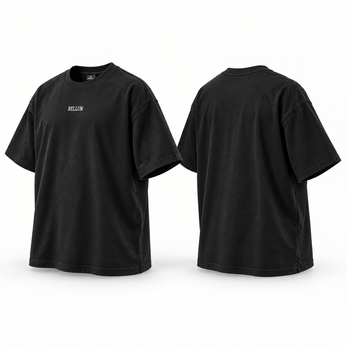 Polo negro oversize BELLUM, vista 3D de frente y espalda
