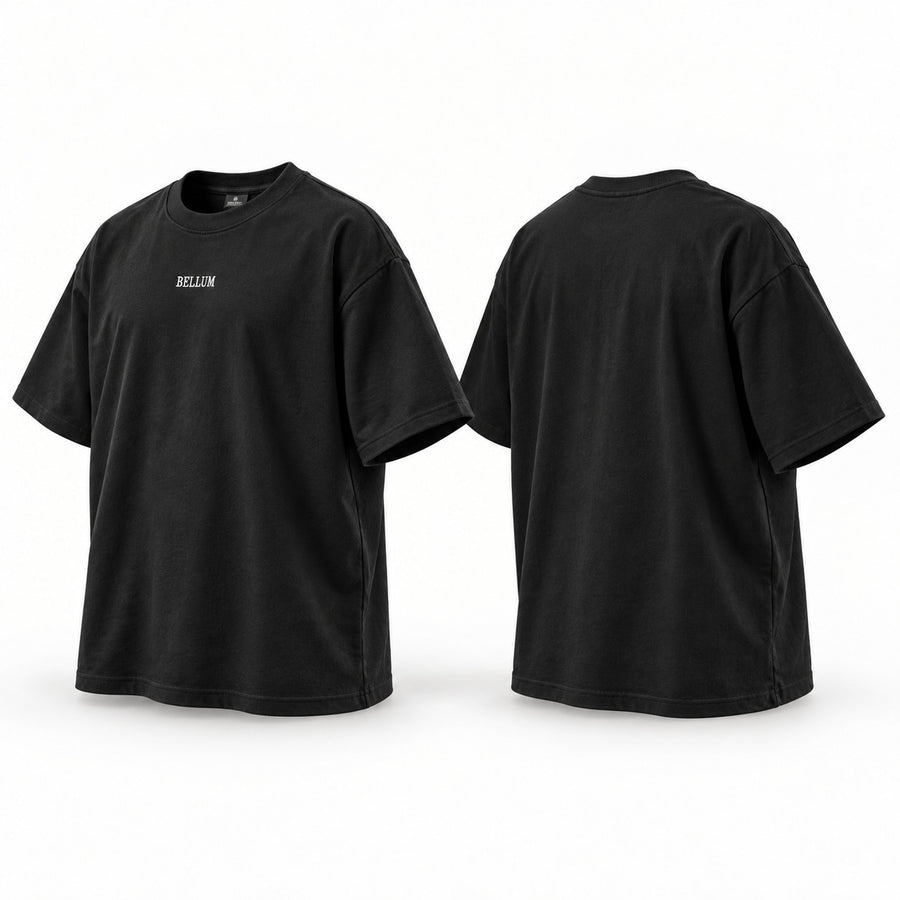 Polo negro oversize BELLUM, vista 3D de frente y espalda