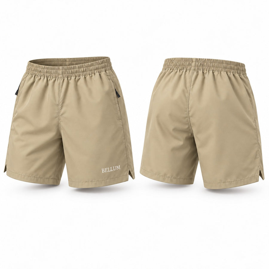 Short V beige BELLUM, vista 3D de frente y espalda