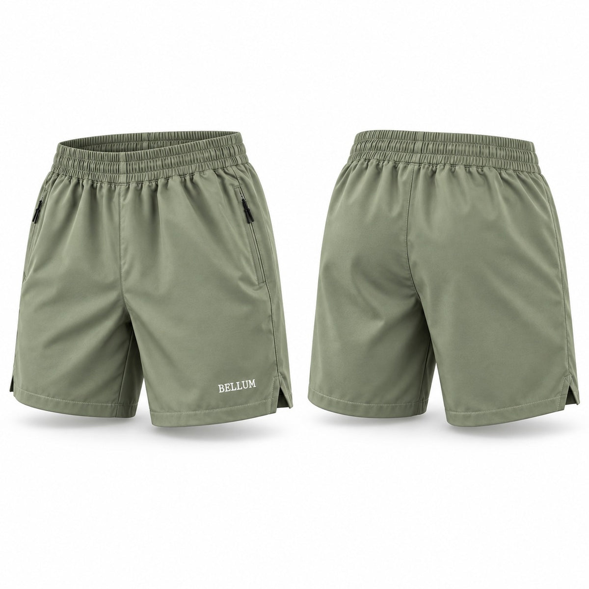 Short V verde oliva claro BELLUM, vista 3D de frente y espalda