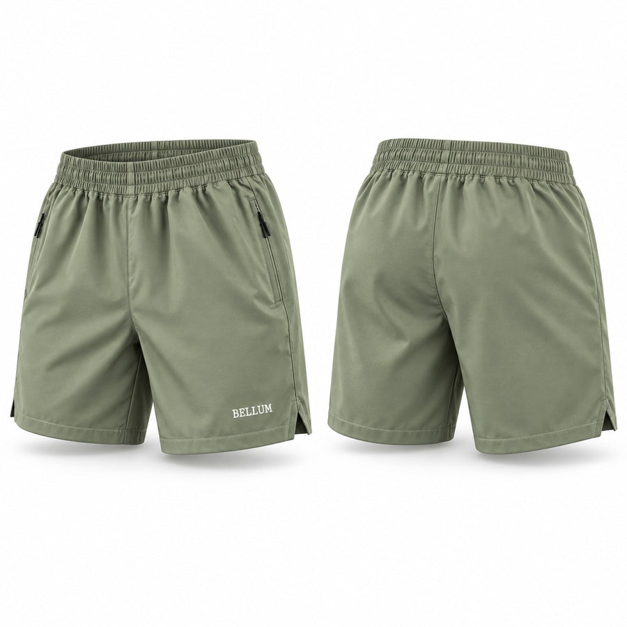 Short V verde oliva claro BELLUM, vista 3D de frente y espalda