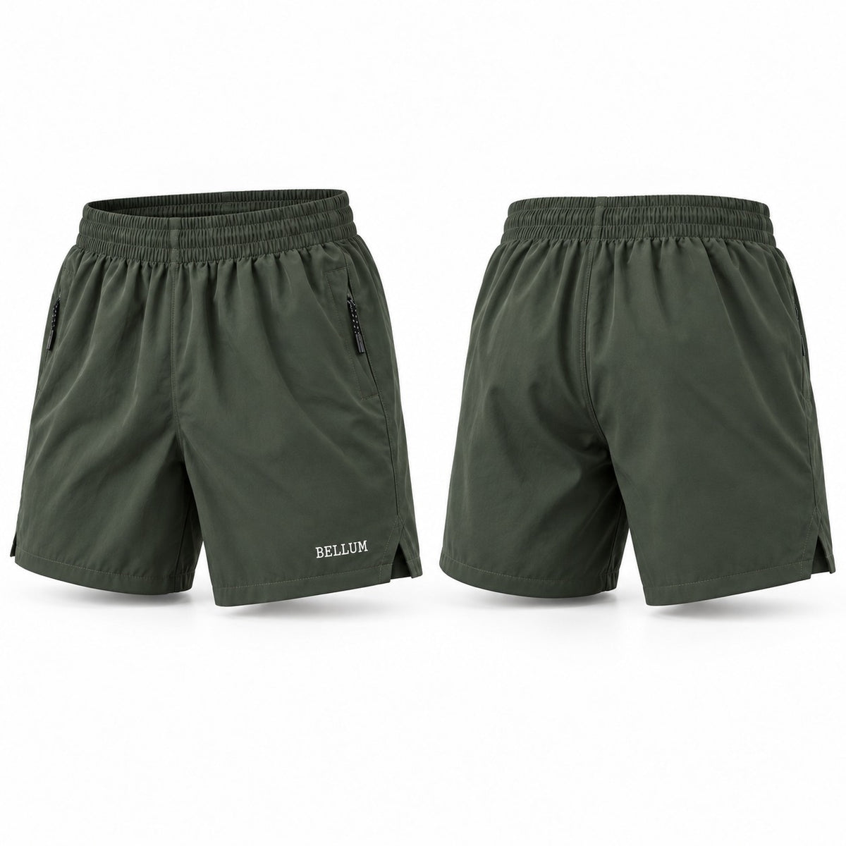 Short V verde oliva oscuro hombre BELLUM, vista 3D de frente y espalda